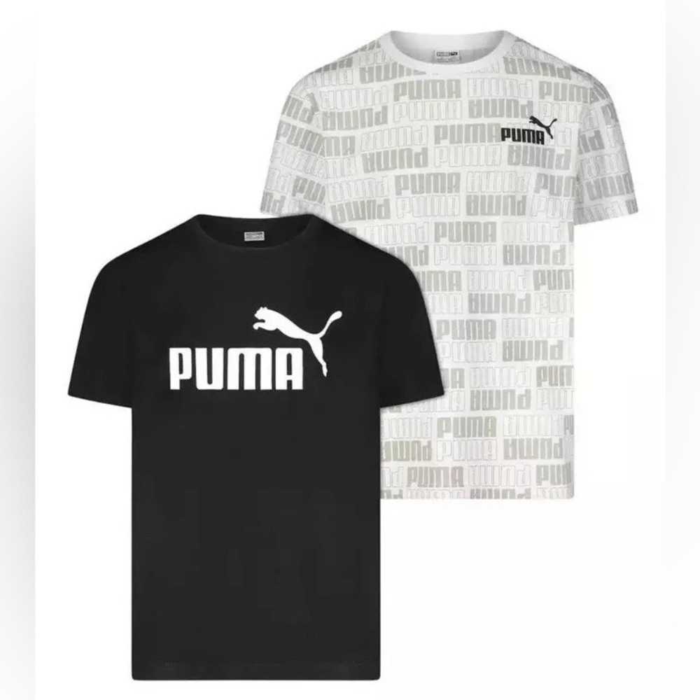 Puma Logo Youth Tees TWO PACK Athletic Tshirt Set Black White Gray Bundle NEW